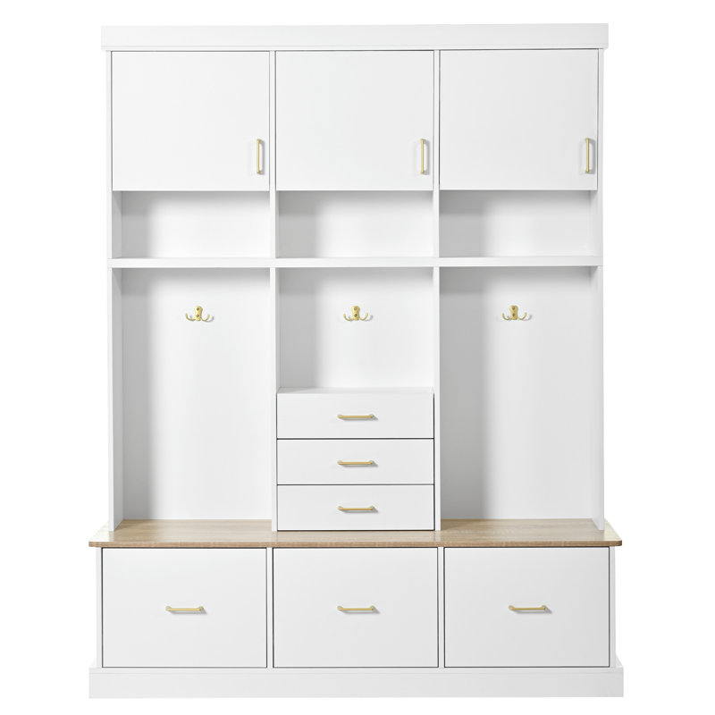 Banc de rangement pour hall d'entrée 75 po 5 en 1 avec portemanteau 75 po, 6 tiroirs, 3 armoires, 3 niveaux de rangement, blanc