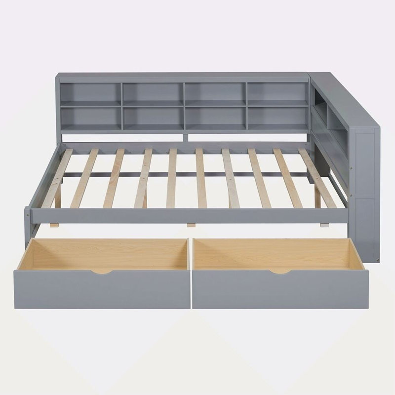 Lit de jour en bois de taille Aseliya avec 2 tiroirs, lit de jour avec tablette de rangement et ports de chargement USB, Gris