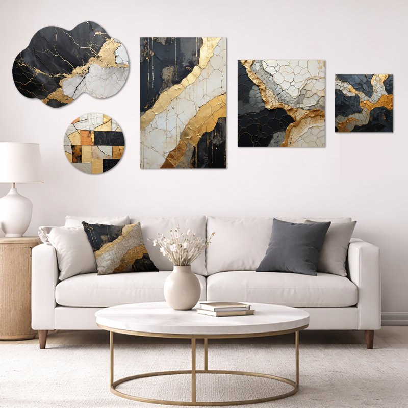 Ensemble de 5 décorations murales abstraites surdimensionnées, or noir et or, poterie encadrée (100 po x 40 po)