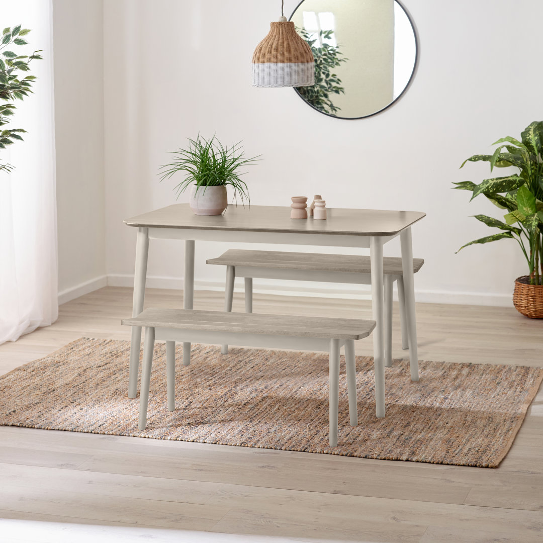 Bhawari Small White & Light Grey Wooden Dining Table & 2 Benches