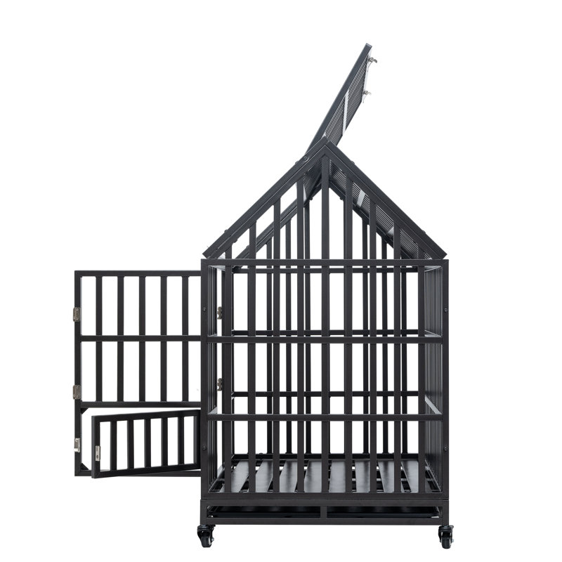 Heavy Duty Black Rolling Dog Crate with Roof and Window