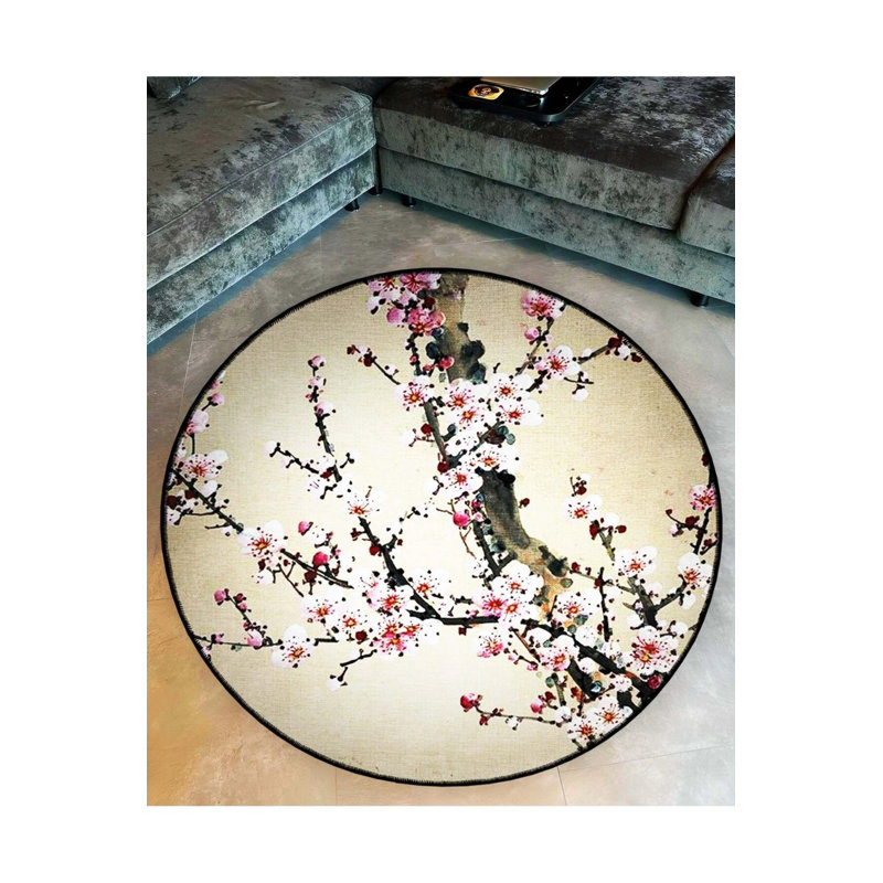 Gray Theme Tree Branch And Peach Blossom Patterned Round Woven Base Modern Decorative Carpet, Round 2'8"