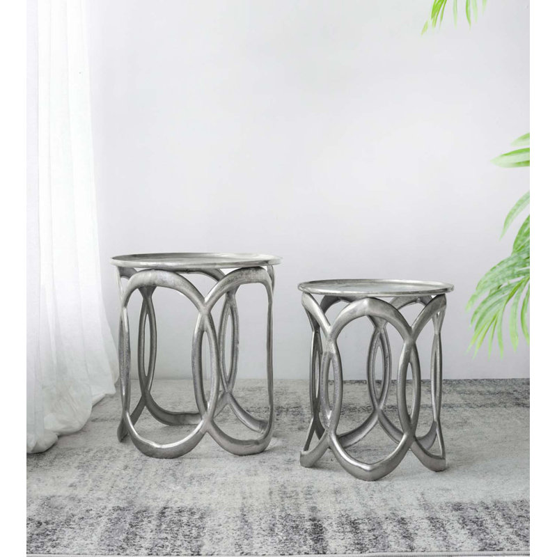 Set of 2 Nesting Side Tables, Aluminum Loop Frame, Nickel Finish, 19 & 17 Inch Rounds