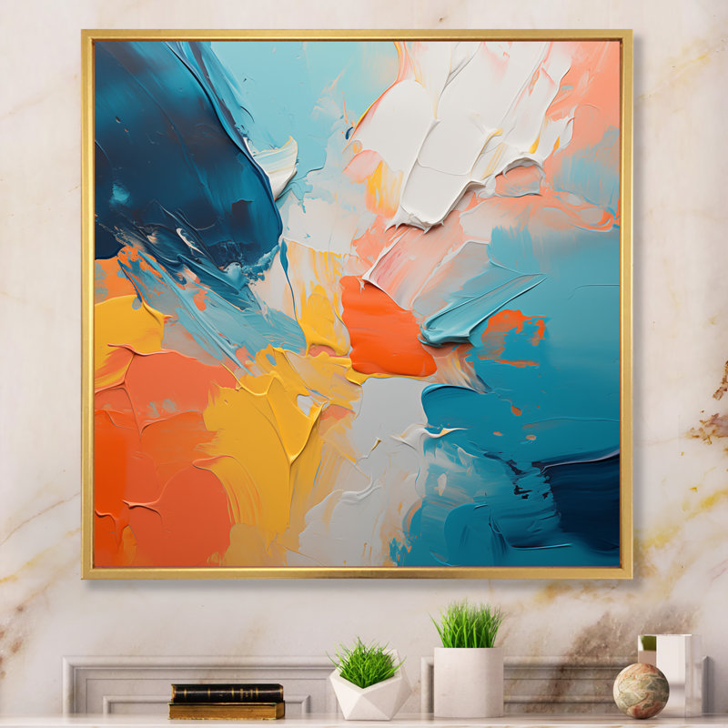 «Blue and Orange Paint Abstract Expression 3», art mural abstrait, H 30 po x l 30 po x P 1,5 po, Cadre flottant doré