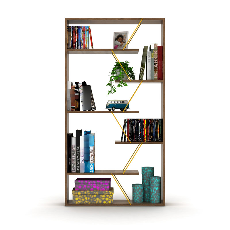 Bibliothèque noyer / jaune avec 6 tablettes - Bureau en bois massif moderne pour le bureau à 6 tablettes moderne, Walnut/Gold