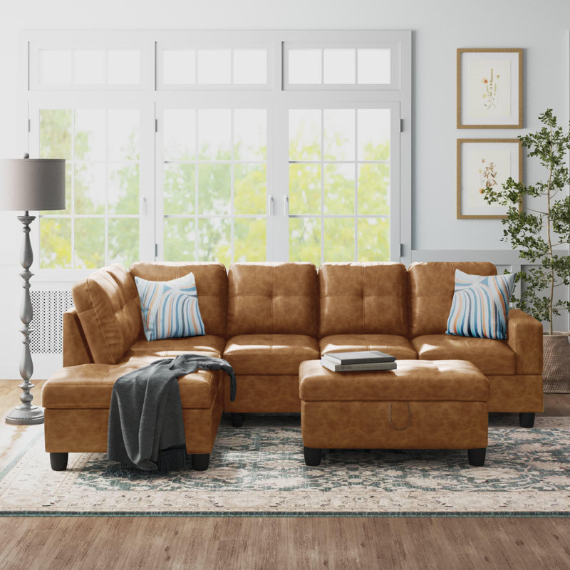 Brevard Faux Leather L-Shaped Sectional, Left Hand Facing, Caramel Tan