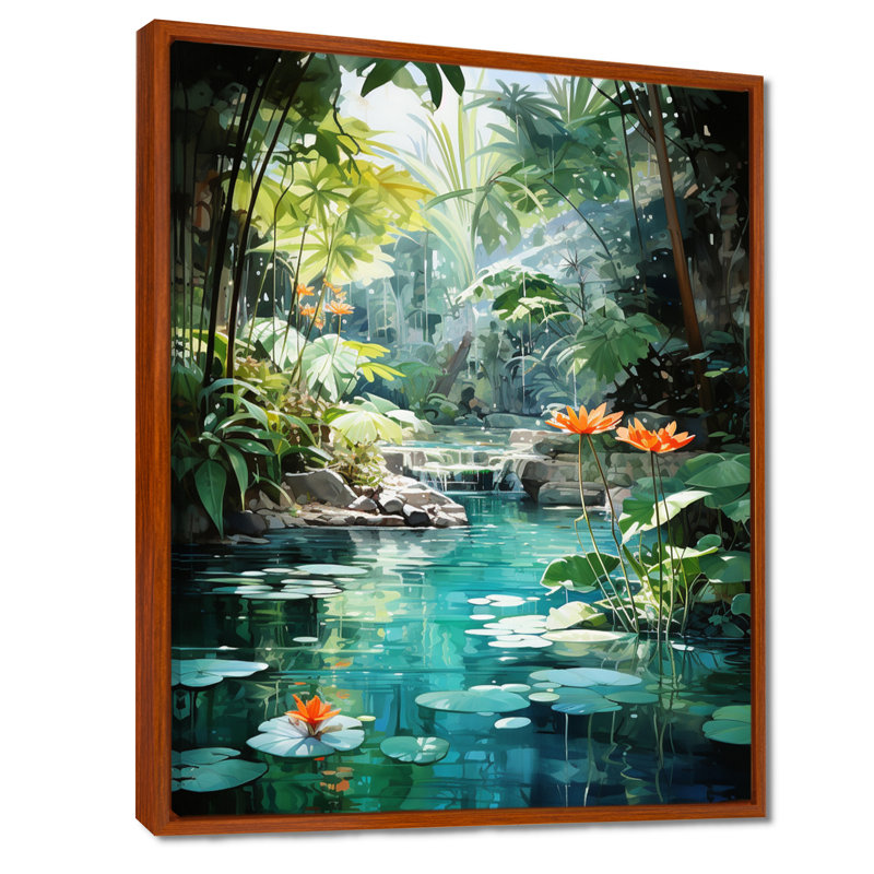 Beant Emerald Oasis A Lush Green Landscape - Forest River Mountains, art mural encadré, H 32 po x l 16 po x P 1 po