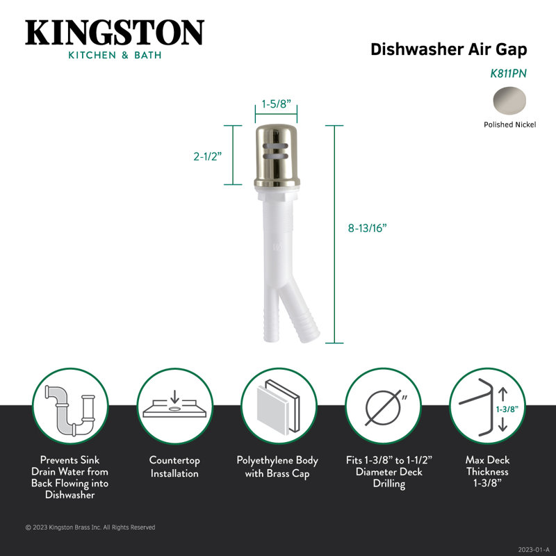 Kingston Brass Trimscape Dishwasher Air Gap with Brass Cover, Polished Nickel