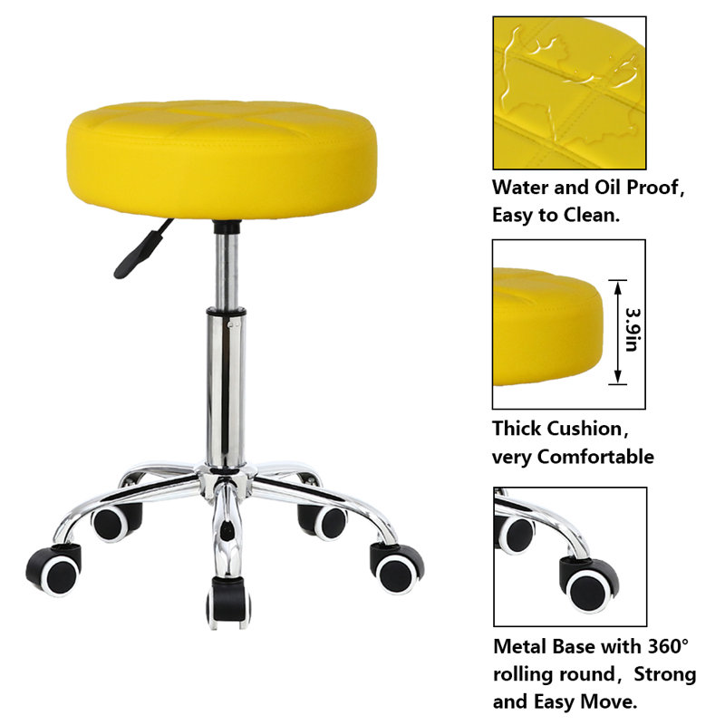 Round Adjustable Height Swivel Stool with Wheels for Office Work, Yellow