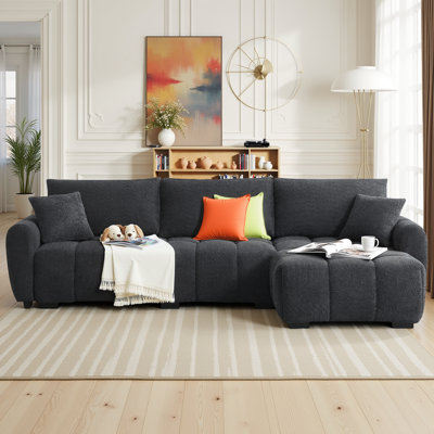 110" Modular L-Shape Sectional Sofa - Boucle Fabric with Pull-Line Design, Movable Ottoman & 330 lb Capacity - 4-Seater by Latitude Run