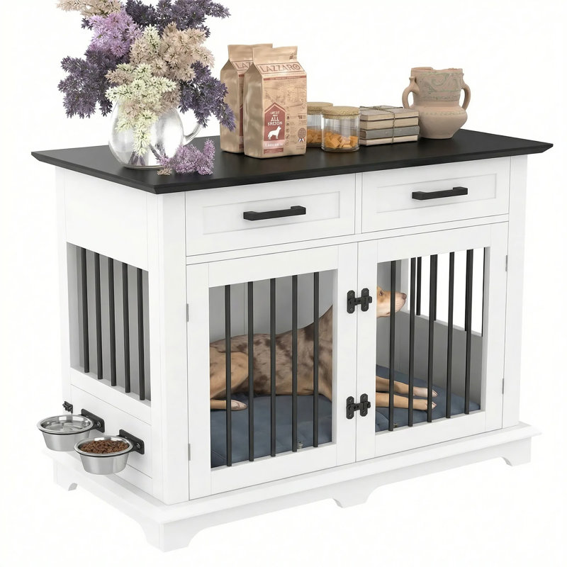 44.48" Large Dog Crate Furniture, White/Black
