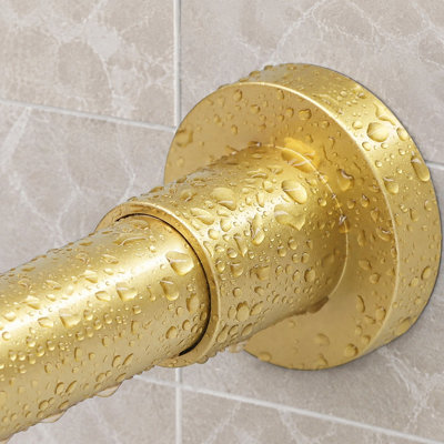 This gold stainless steel spring-tension shower rod adjusts from 32-80 inch (2.7-6.6ft); its no-drill, non-slip construction is designed to never rust and is intended for bathroom use.