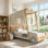 Lit plateforme en forme de voiture en bois massif naturel avec coussin, support de plafond et pied de lit