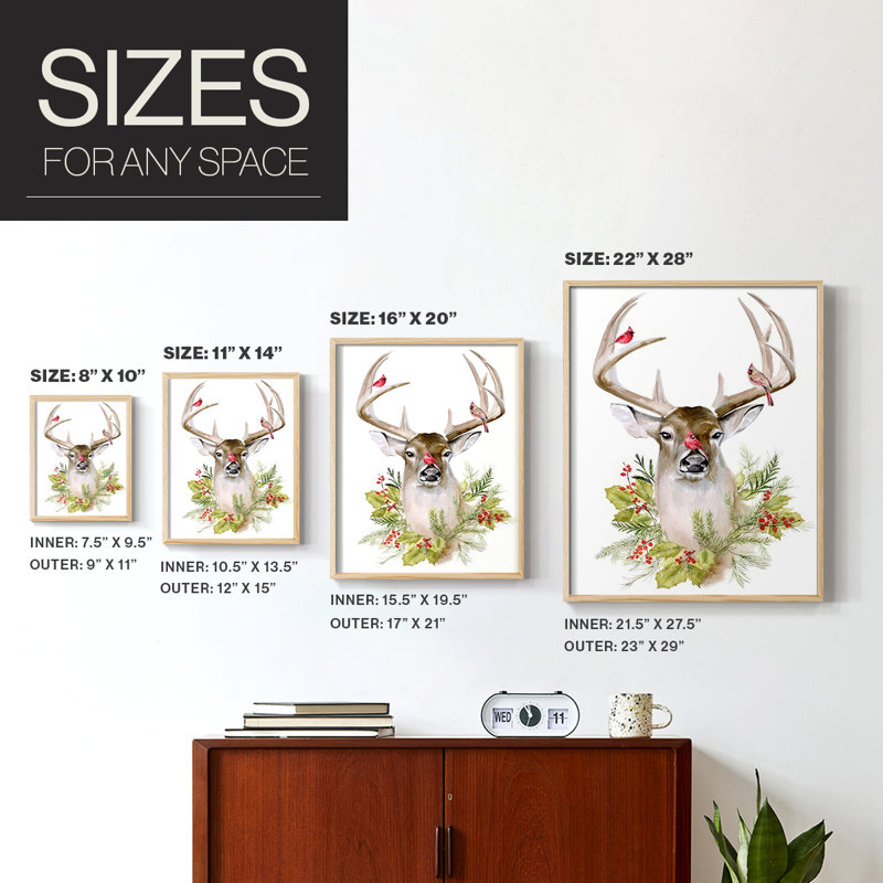 «Holiday Deer Collection B», reproduction encadrée - bois massif, Encadré naturel, H 11 po x l 9 po