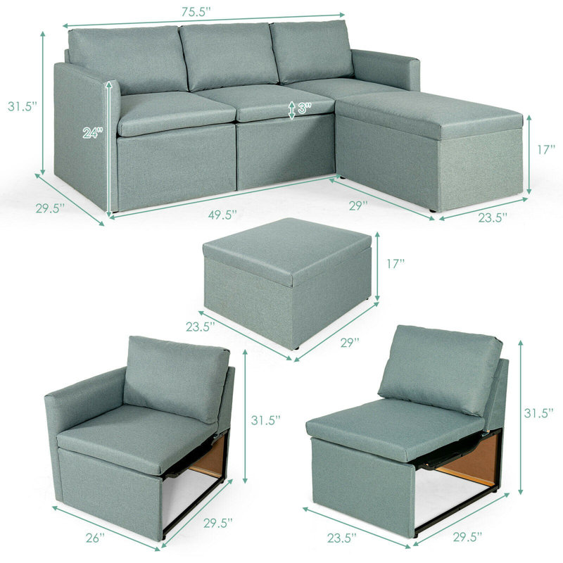 Upholstered L-Shaped Sectional Reversible, Green