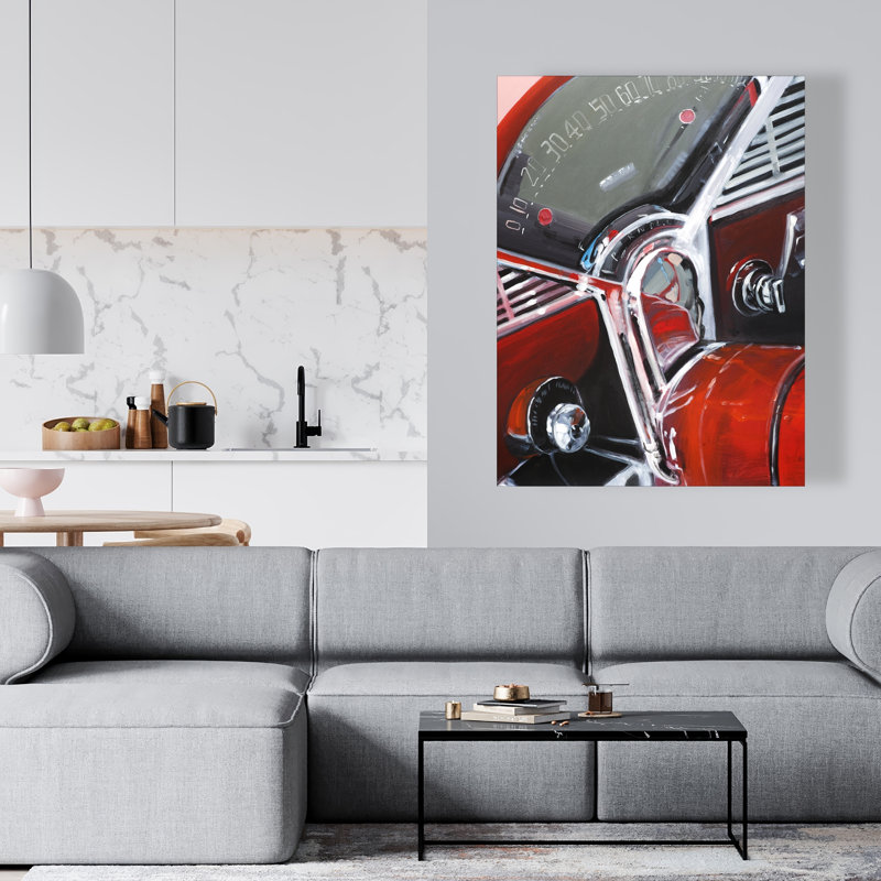 Tableau de bord de voiture rouge rétro - art sur toile pour la décoration intérieure