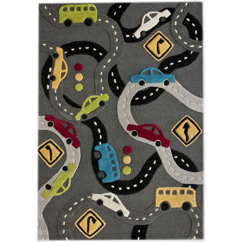 Tapis gris pour enfants KinderLOOM Roads, Rectangle 3 pi 7,2 po x 5 pi 6 po