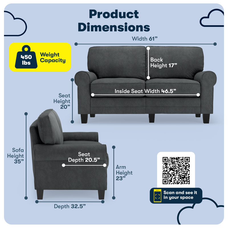 Serta Copenhagen 61" Rolled Arm Sofa, Easy Care Fabric, Soft Pillow Back, Pocket Coil Seat Cushions, Charcoal Microsuede