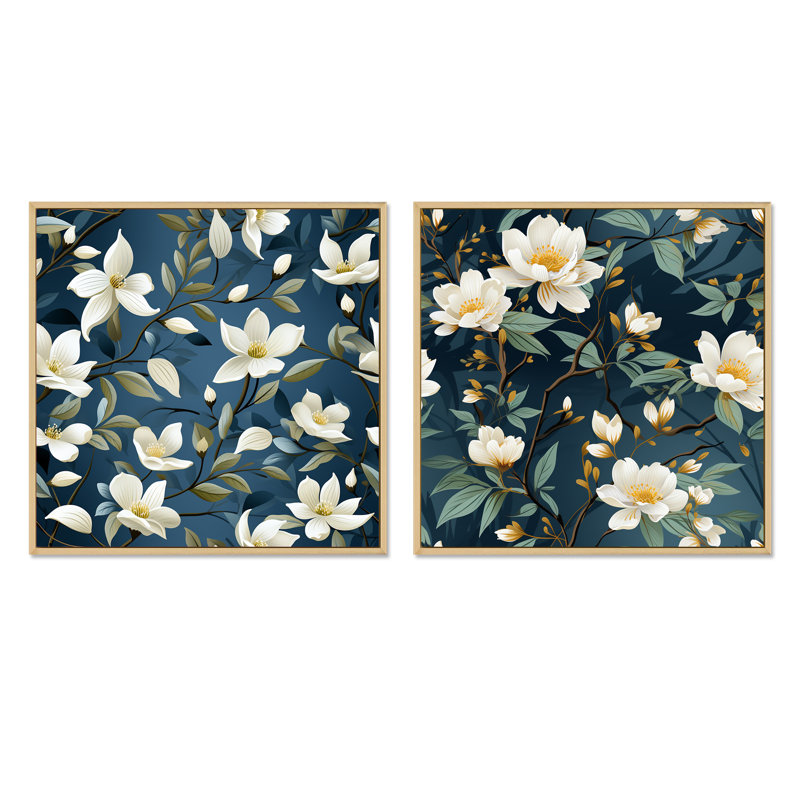 Veines de fleurs blanches et bleues - ensemble de collage carré floral, Cadre flottant brun, H 30 po x l 61 po