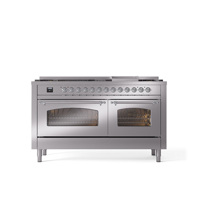 ILVE Nostalgie II 60 Dual Fuel Range, 9 Burners, Griddle, Liquid Propane, Stainless Steel/Chrome