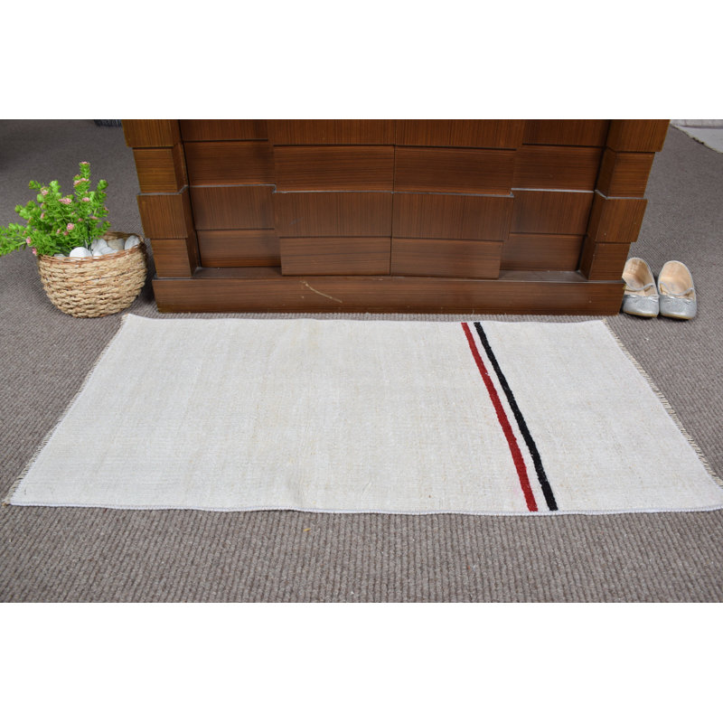 Tapis turc tissé à la main avec un design minimaliste en crème, rayures rouges pour le décor du vestibule