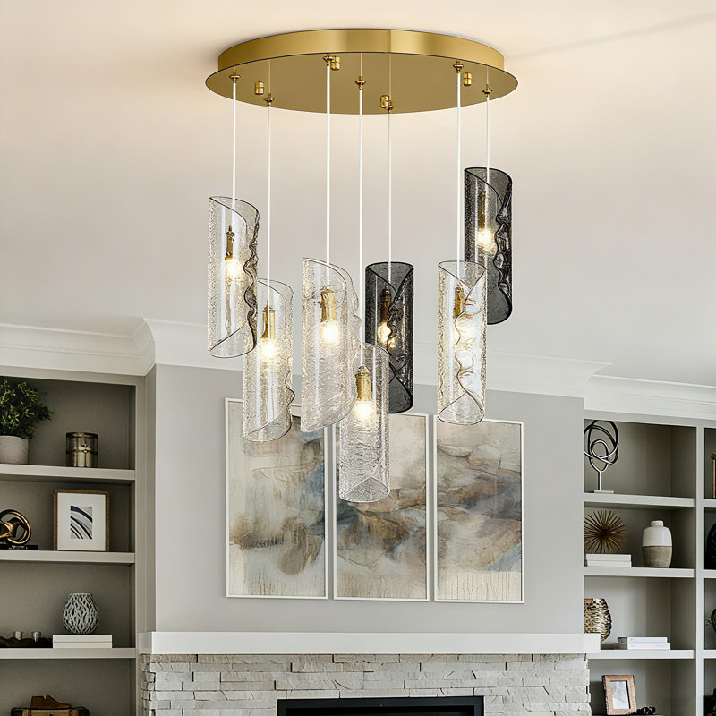 Lustre moderne en verre texturé artistique moderne, H 78,75 po x l 17,75 po x P 17,75 po, 7 lumières