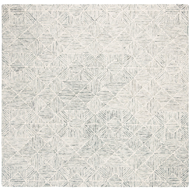 Linsly Geometric Area Rug in Light Green/Ivory, Square 6'