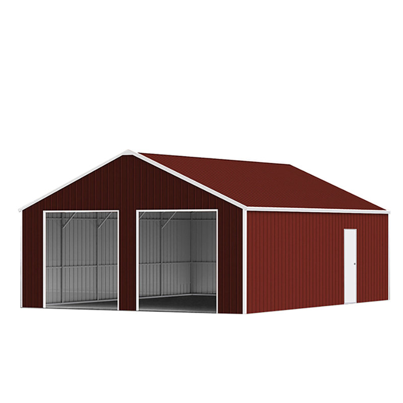 Remise de grange double en acier 22 pi x 23 pi avec rouge - couleur brune, calibre 14 galvanisé, 26 panneaux, deux ouvertures de porte