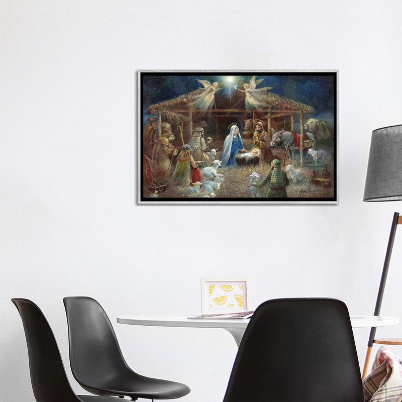 La Nativité par Ruane Manning - reproduction d'art, H 26 po x l 40 po x 1,5 po, Aucun mat, Toile avec cadre argenté