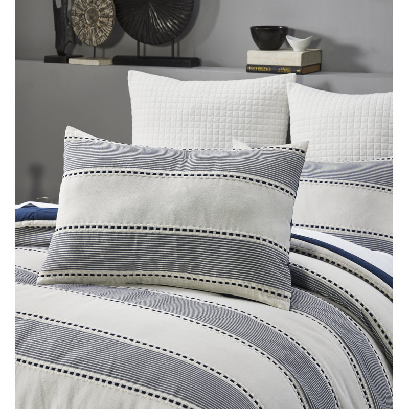 Ivory and Navy Striped Microfiber Queen Comforter Set