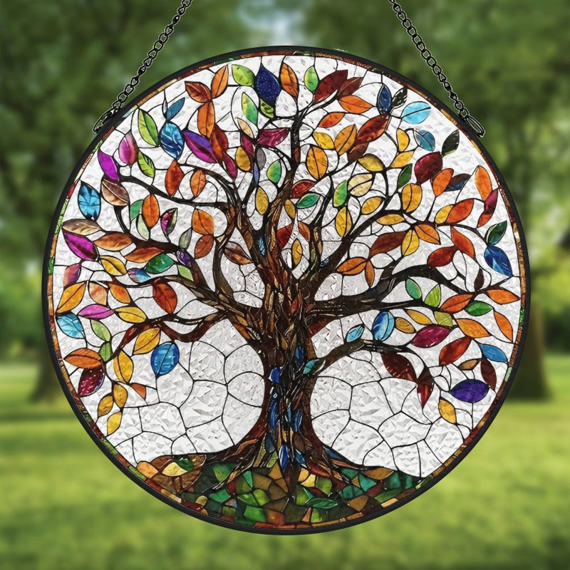 Vitrail arbre de vie vitrail pour fenêtre, 6.3x6.3in(16x16cm)