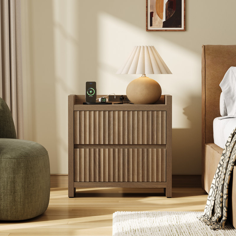 Table de chevet moderne à 2 tiroirs avec station de charge Allete, Beige grès