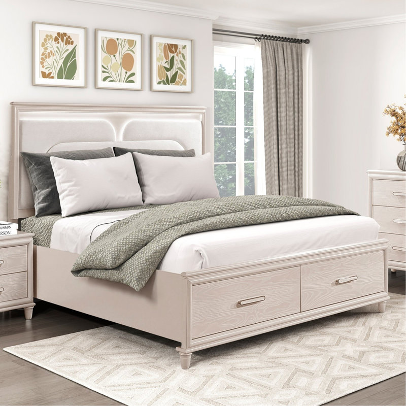 Modern Luxury Platform Bed With Footboard Storage Upholstered Headboard LED Light Wooden Bedroom Furniture 1Pc