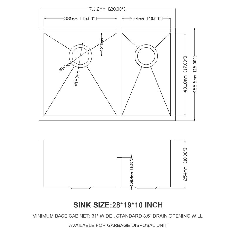 28" Double Bowl 60/40  Undermount Stainless Steel Kitchen Sink 16 Gauge, 10" Deep Basins, Rear 3.5 Drain, X Grooves For Quick Water Removal, 3Mm Soundproofing, Condensation Coating, Comes With Drying