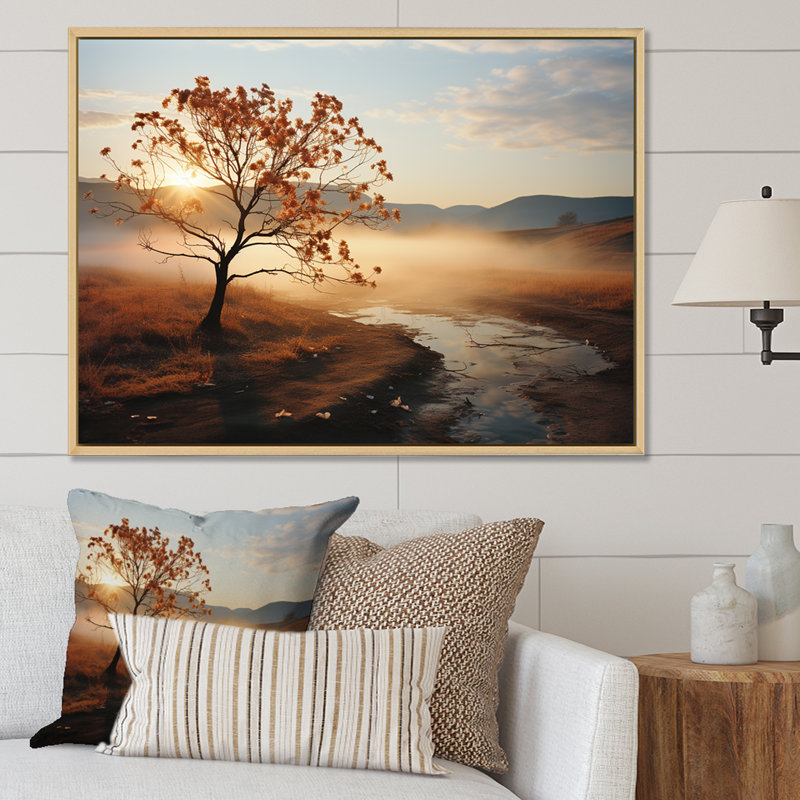 Lumière du soleil sur le feuillage en fleurs - Arbres, art mural du salon, H 12 po x l 20 po x P 1 po, Cadre flottant blanc