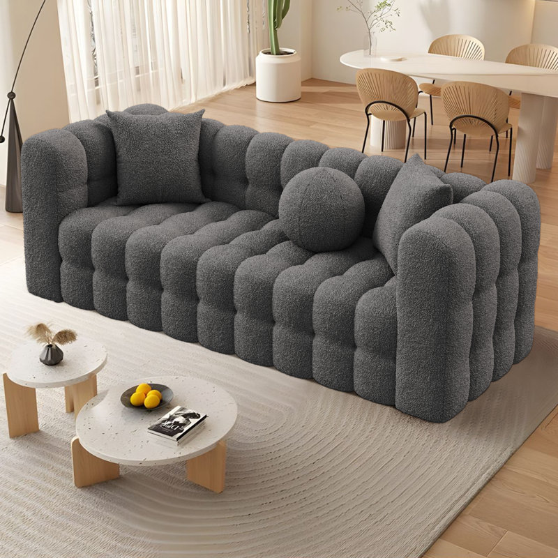Beline 3-Seater Sofa, Modern Upholstery Couch with Toss Pillows, Gray Teddy