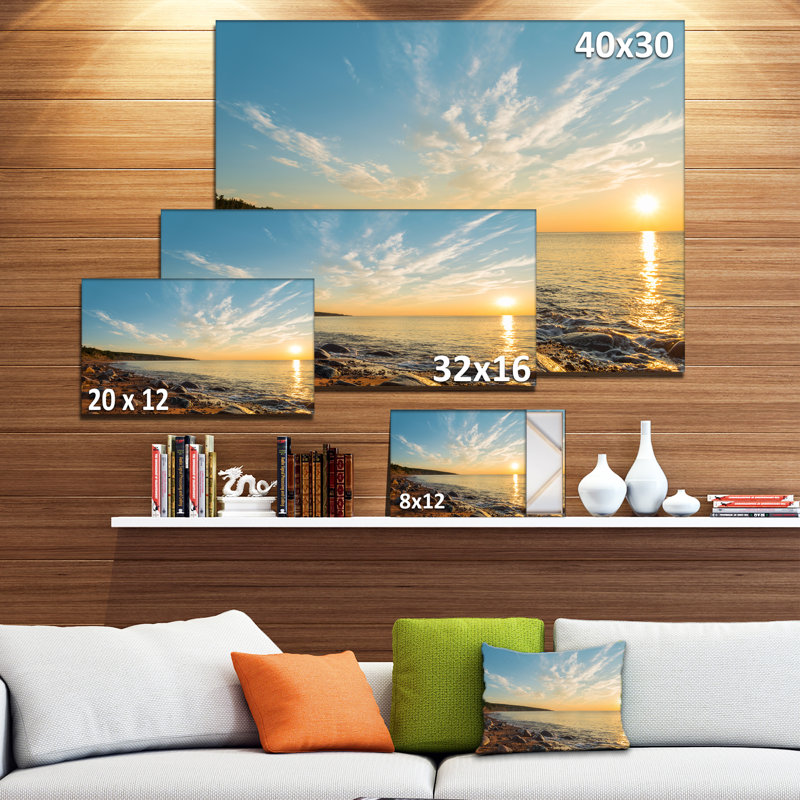 «Ocean Shore at Sunrise with Rocks», reproduction de photo sur toile tendue encadrée, H 16 po x l 32 po x P 1 po