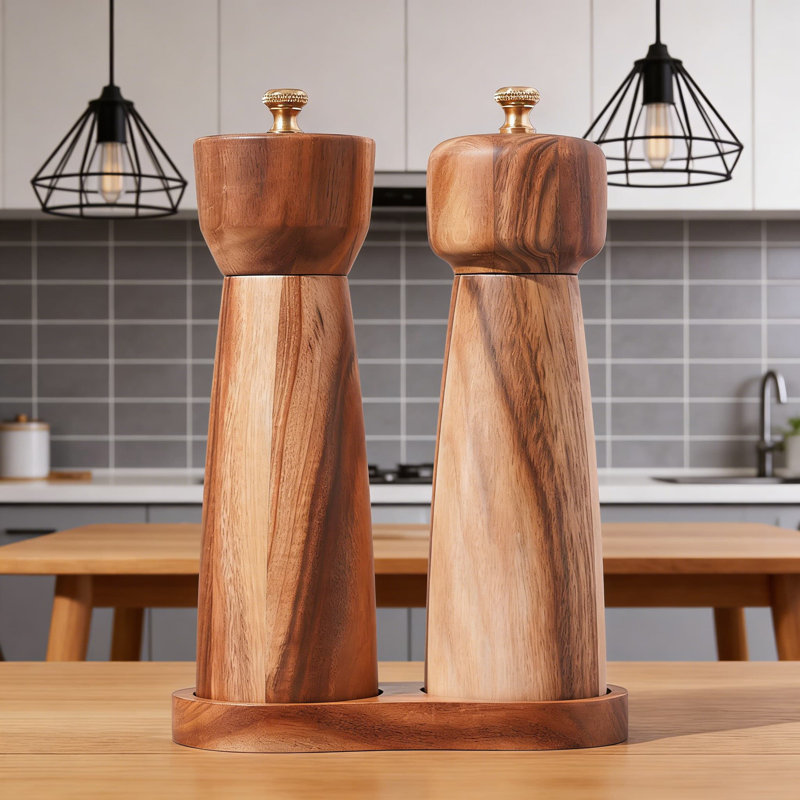 Ensemble de moulins à sel et à poivre en bois d'acacia avec plateau, moulins réglables en céramique et en acier inoxydable pour les épices fraîchement moulues