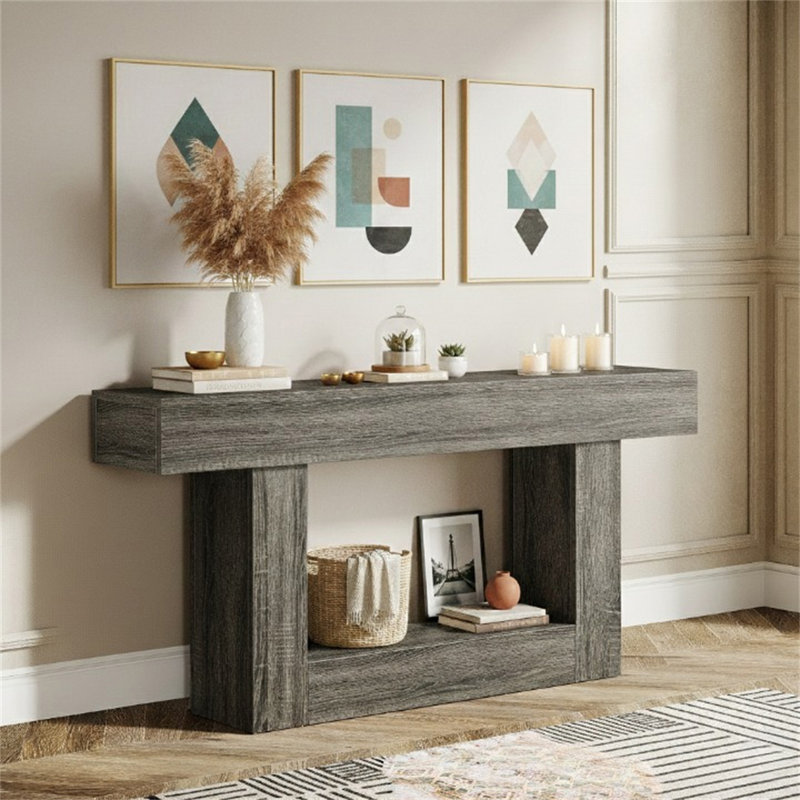 63" Wooden Console Table, Farmhouse 2-Tier Sofa Table Entryway Table, Dark Gray, Dark Gray
