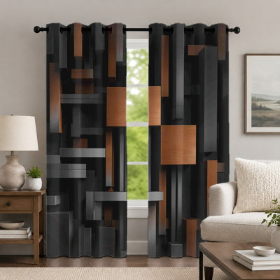2 pièces de rideaux blocs géométriques 3D, drapé à motif de quadrillage abstrait brun et noir, rideau à œillets de style industriel contemporain, habillage de fenêtre pour le décor de la chambre à coucher
