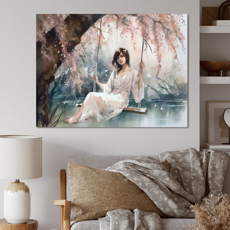 Superbe femme sous un saule IV sur toile, H 16 po x l 32 po x P 1 po, Toile tendue