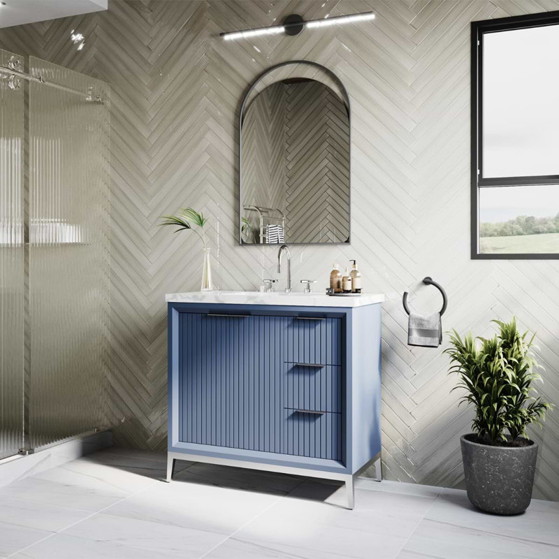 Bungalow 36" Freestanding Standard Single Bathroom Vanity with Top, Silver/Navy Blue