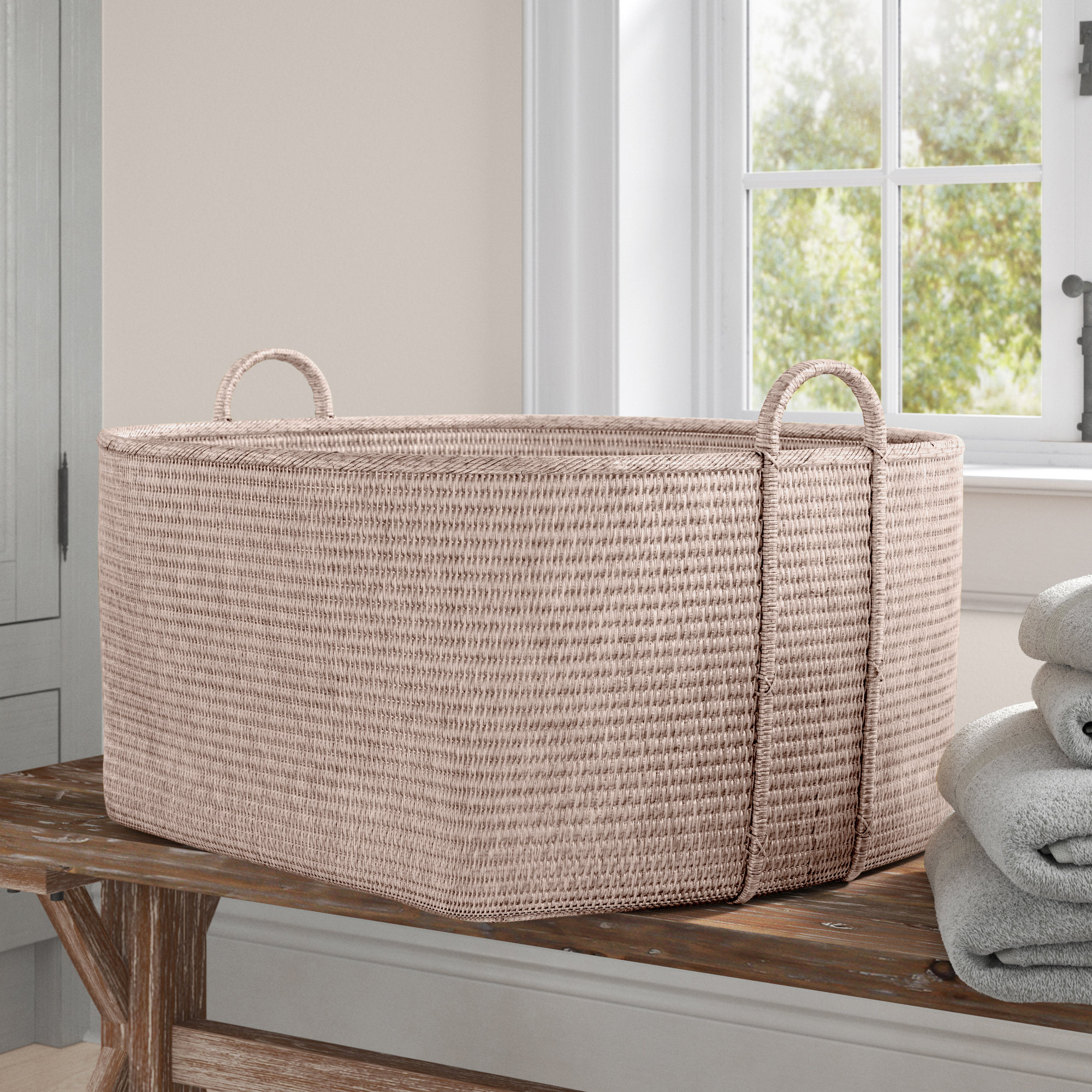 Thelma Handmade Rattan Decorative Basket 1, 14" H x 31" W x 25" D, White Wash