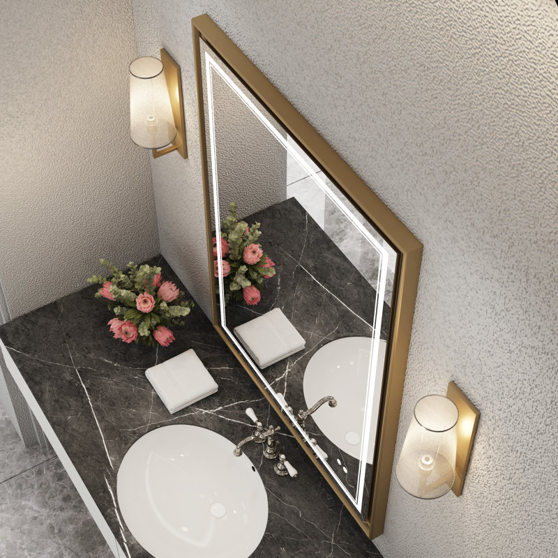 Bathroom Vanity Mirror Framed Led Bathroom Mirror Rectangle Lighted Wall Mounted Mirror Anti-Fog Dimmable 3 Frontlit (Horizontal/Vertical)
