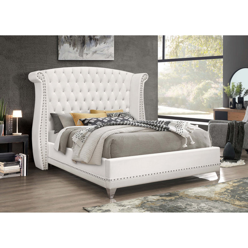 White Upholstered Eastern King Wingback Bed