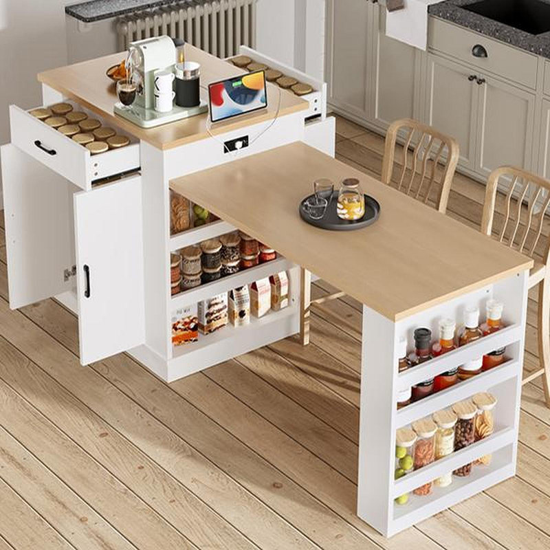 Console d'îlot extensible avec tiroirs, armoire à deux portes et tablettes ouvertes. Sert de table de salle à manger, de bar pour le petit-déjeuner temporaire et de salon de thé l'après-midi, blanc