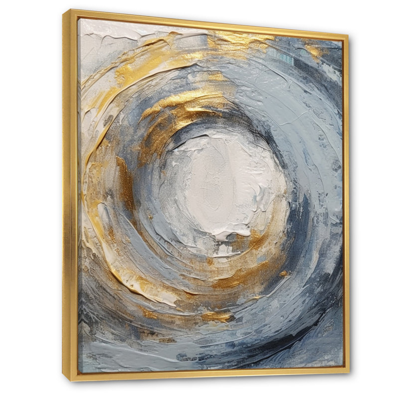 «Gold and Blue Vibrant Spirals IV - Abstract Spirals», art mural encadré, H 32 po x l 24 po, Reproduction avec cadre flottant