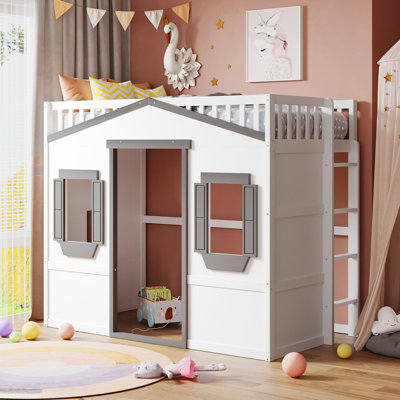 Twin Size House Loft Bed with Ladder, Playhouse Loft Bed for Kids, Space-Saving, White+Grey