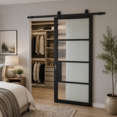 36 x 84 inch Painted Matte Black Reeded Safety Glass Barn Door with Installation Hardware Kits