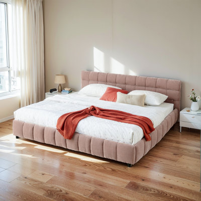 Structure de lit tapissier moderne minimaliste avec tête de lit tapissier en chenille, support en mousse à mémoire de forme et rangement intégré